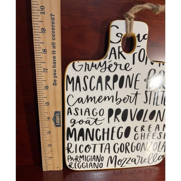 Earthenware Ceramic Cheese Board White With Black Lettering & Yellow Accent Edge - Picture 2 of 6